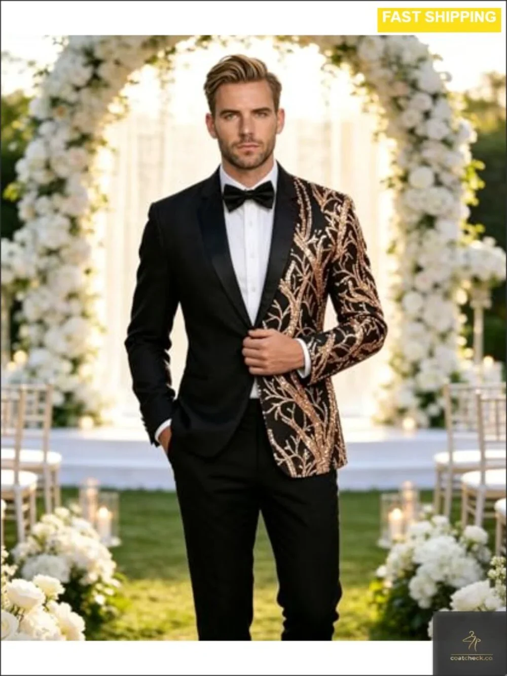 Mens Gold Sequin Blazer Notch Lapel Dinner Party Tux Jacket Slim Fit_3